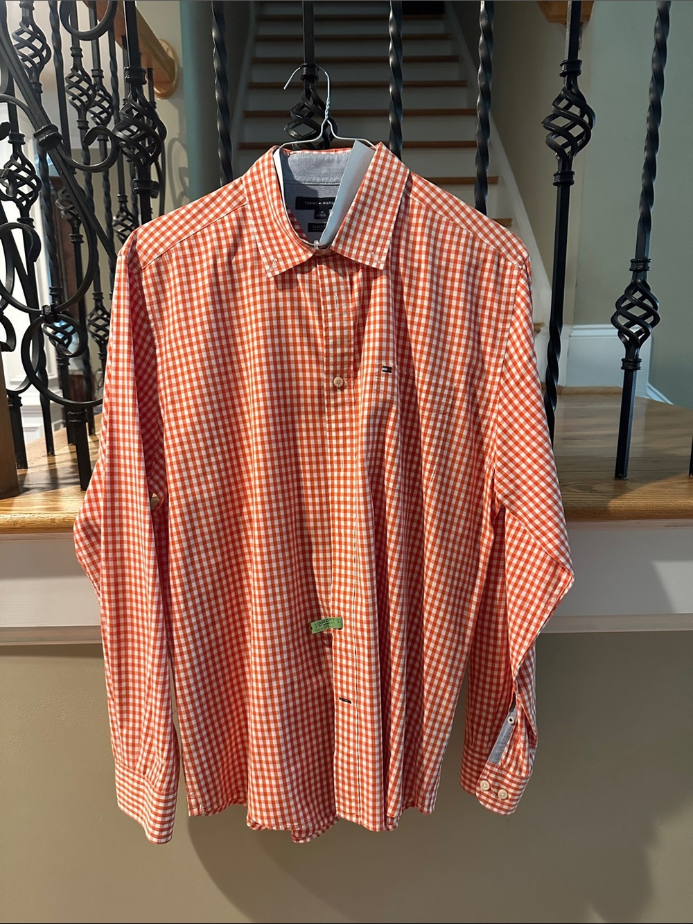 Tommy Hilfiger Men’s Orange and White Gingham Button-Down Shirt